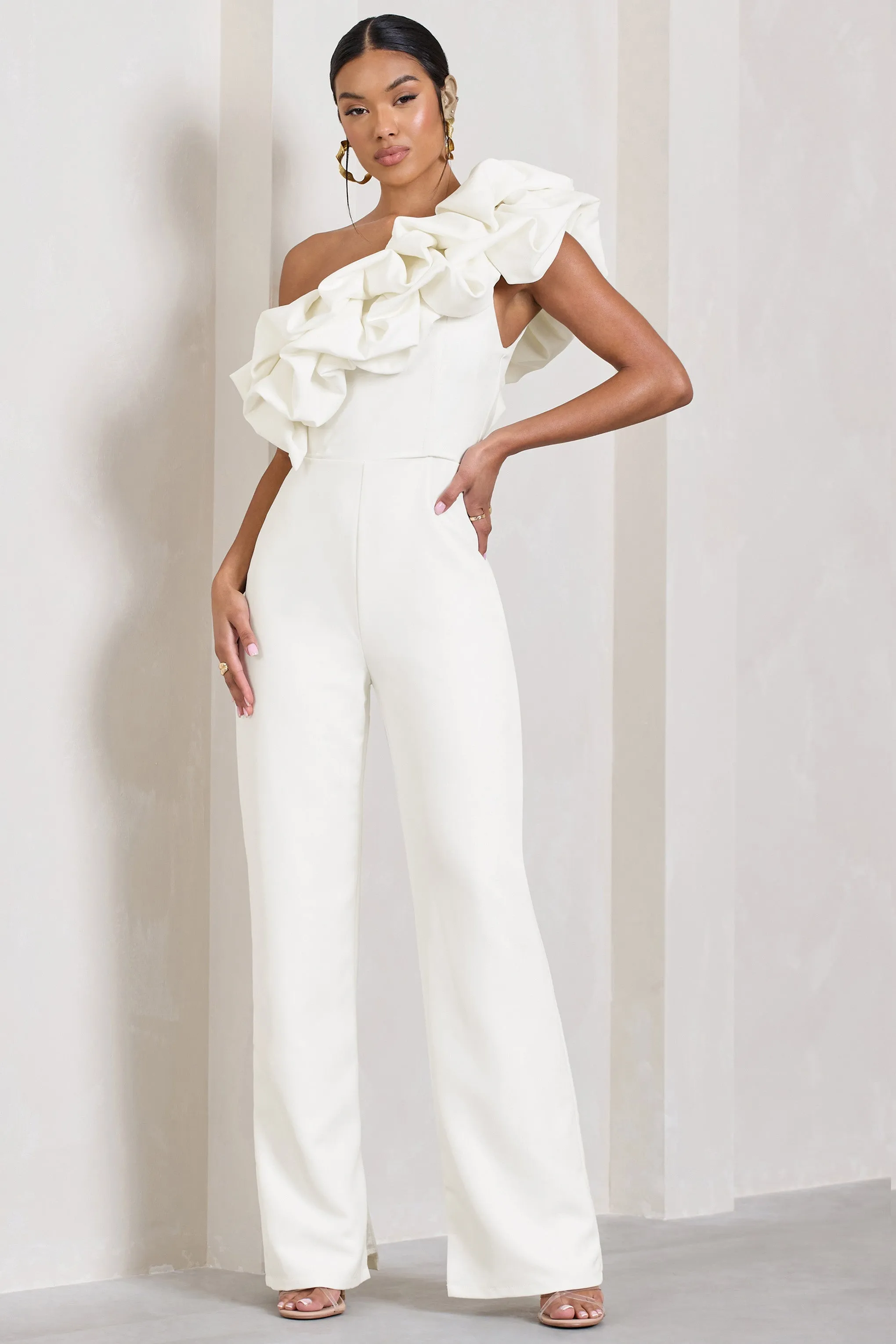 Monica | White Asymmetric Ruffled Wide-Leg Jumpsuit