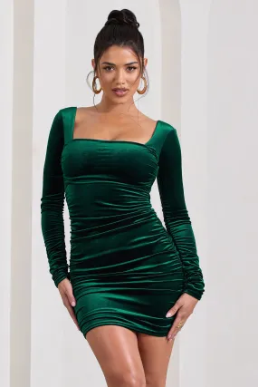 Muse | Bottle Green Velvet Long Sleeve Square Neck Ruched Mini Dress