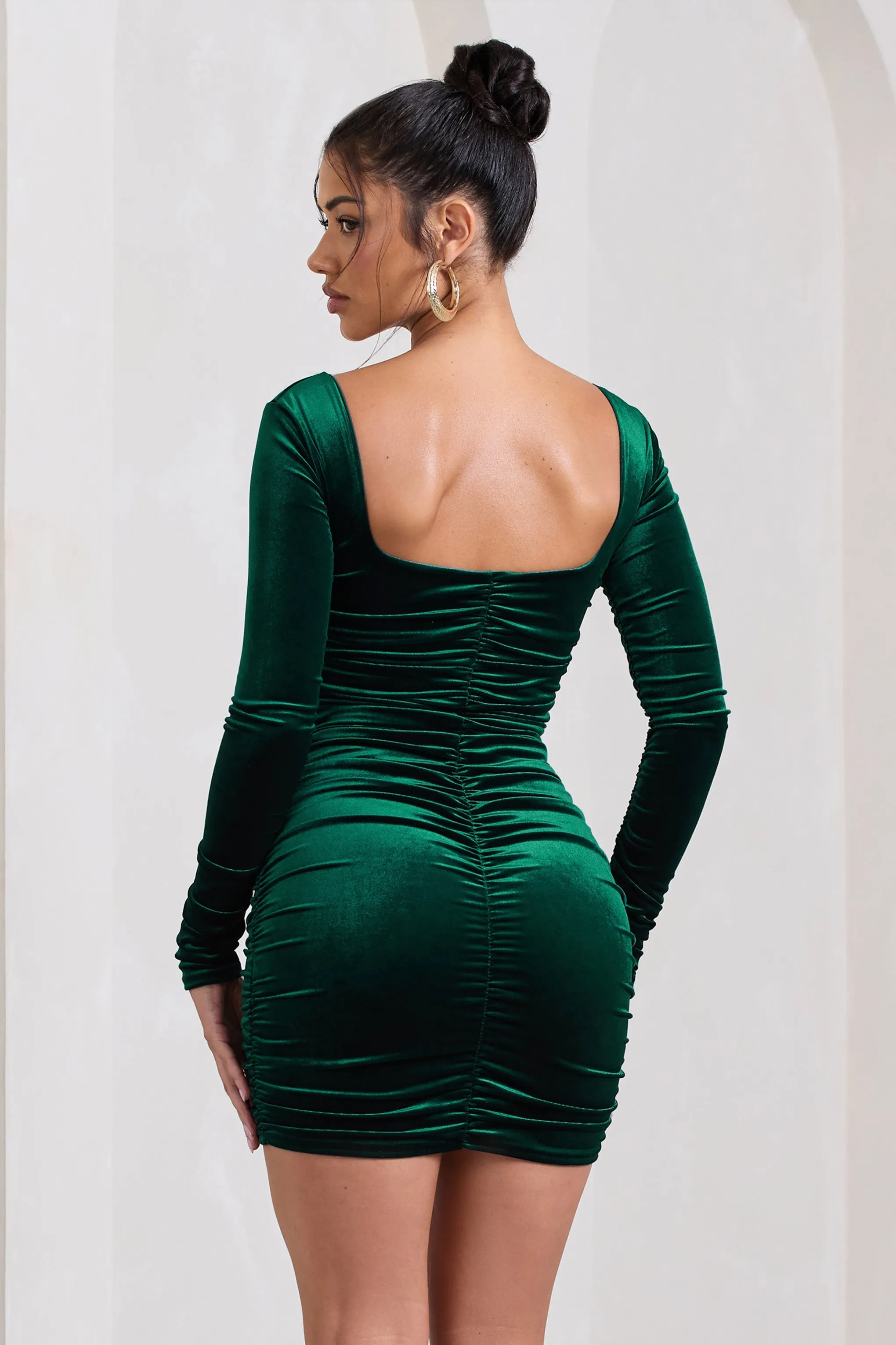 Muse | Bottle Green Velvet Long Sleeve Square Neck Ruched Mini Dress