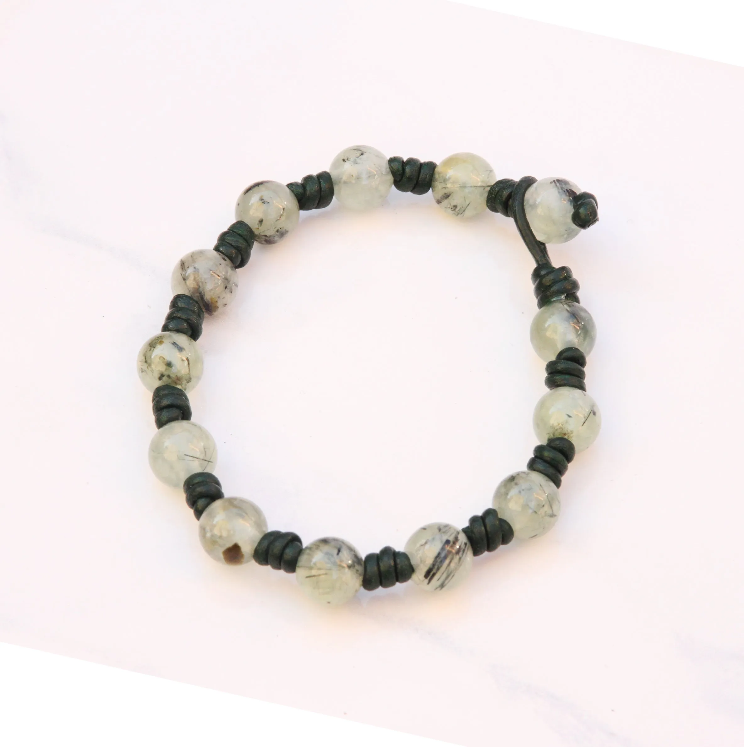 Natural Prehnite gemstone on genuine Leather Hand Knotted green gemstone beaded bracelet