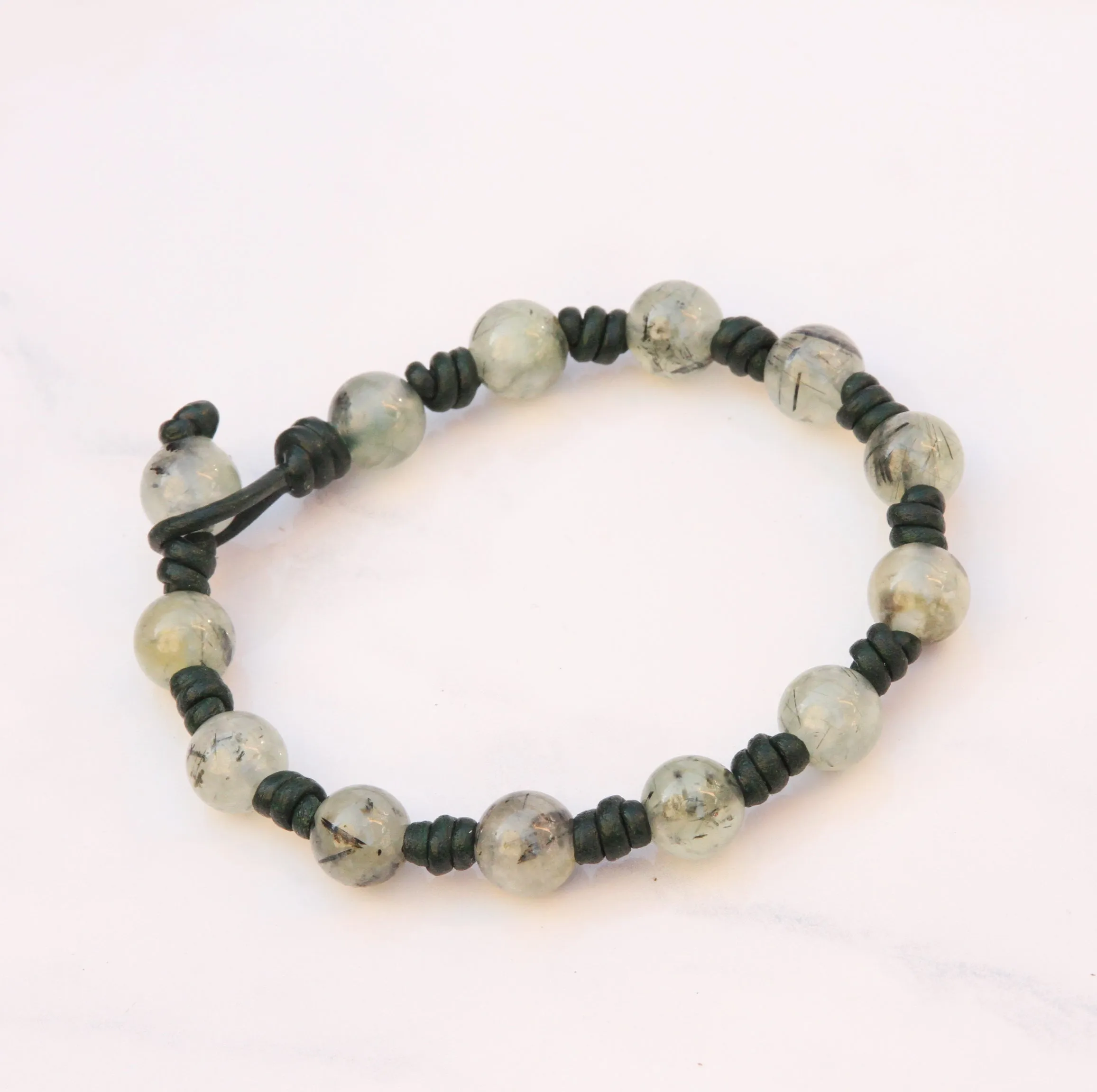 Natural Prehnite gemstone on genuine Leather Hand Knotted green gemstone beaded bracelet