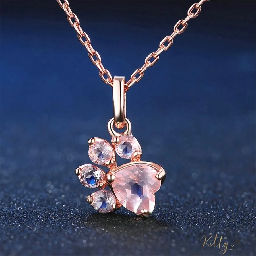 Natural Rose Quartz Cat Paw Necklace (14K Rose Gold Plated)