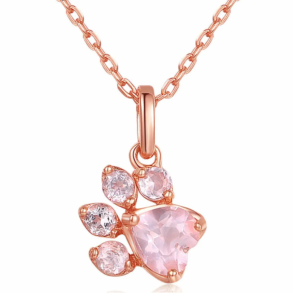 Natural Rose Quartz Cat Paw Necklace (14K Rose Gold Plated)