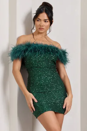 New Money | Green Bodycon Sequin Mini Dress With Feather Trim