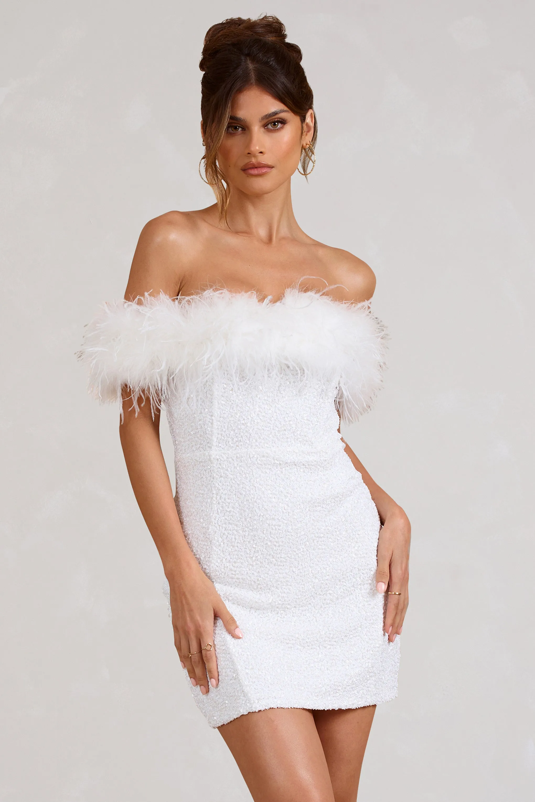 New Money | White Bodycon Sequin Mini Dress With Feather Trim