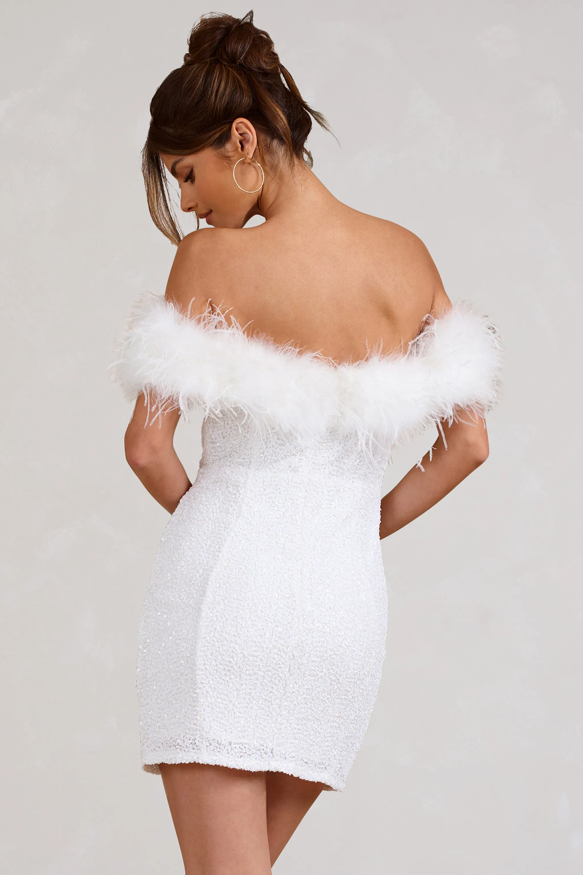 New Money | White Bodycon Sequin Mini Dress With Feather Trim