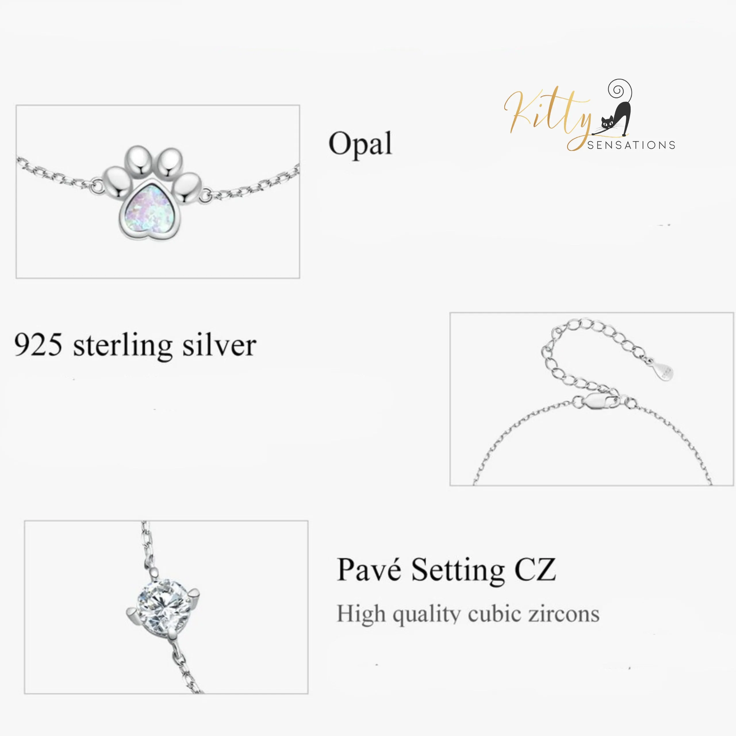 Opal Cat Paw and CZ Bracelet in Solid 925 Sterling Silver (Platinum Plated)