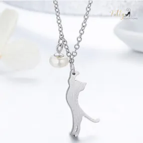 Pearl and Hanging Cat Necklace in Solid 925 Sterling Silver (Platinum Plated)