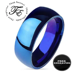 Personalized Women's Promise Ring - Matte Blue Dome Band Stainless Steel