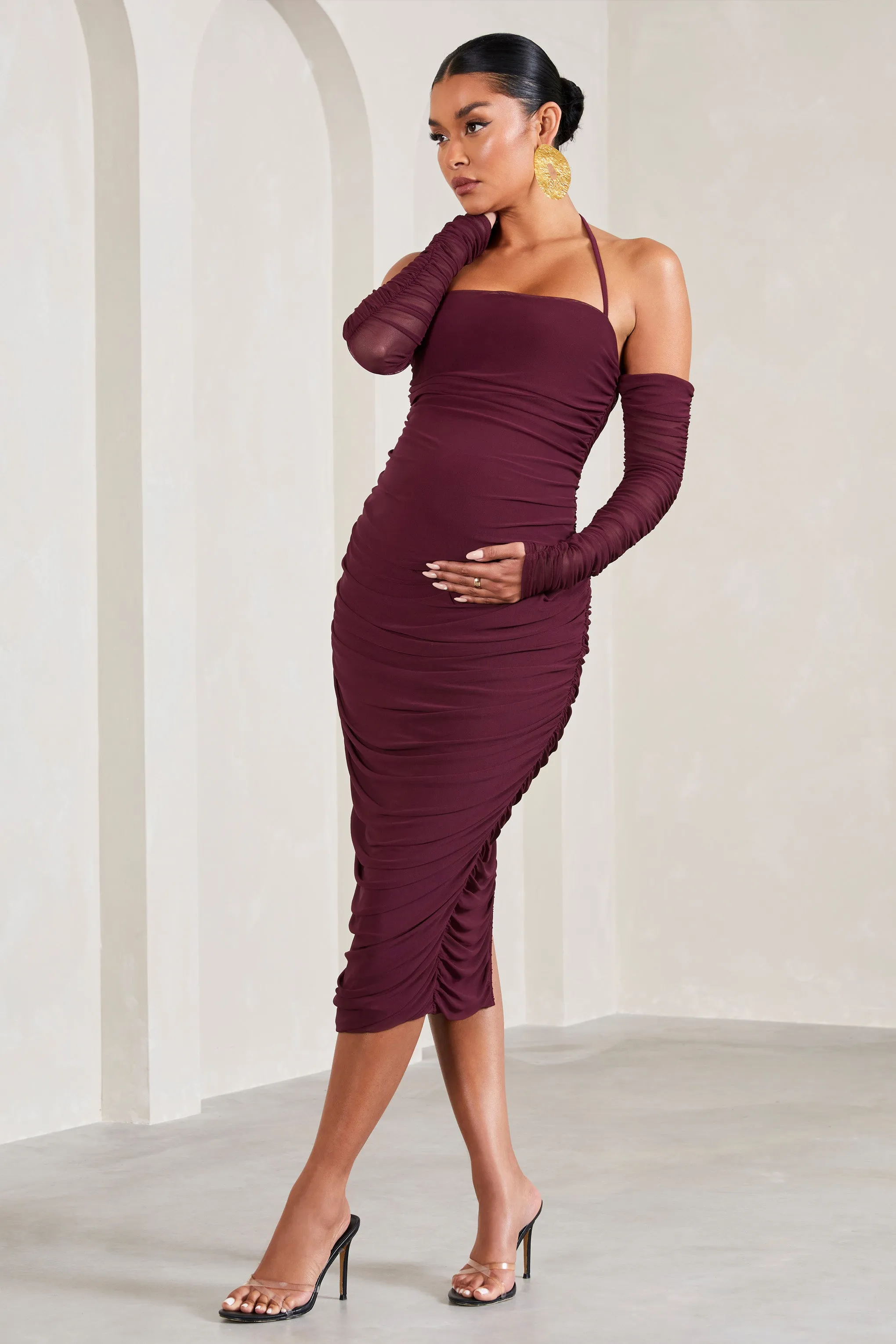 Pixie | Burgundy Ruched Long-Sleeved Halter-Neck Maternity Midi Dress