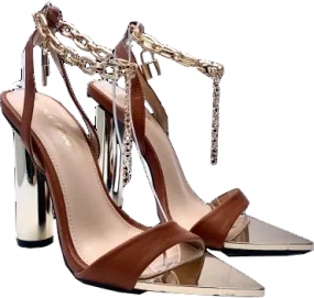 Public Desire Brown X Amber Expression Tan Chain Detail Strappy Heel UK 5 EU 38 👠