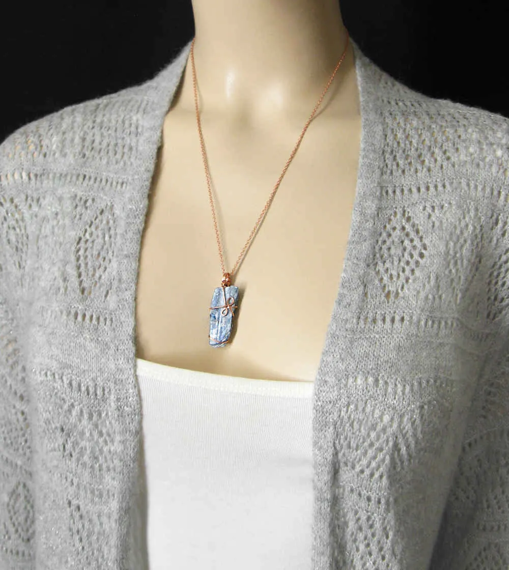 Raw Blue Kyanite Crystal Pendant Necklace, Copper Wire-Wrapped, Handmade, with 20 Chain