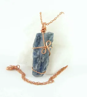 Raw Blue Kyanite Crystal Pendant Necklace, Copper Wire-Wrapped, Handmade, with 20 Chain