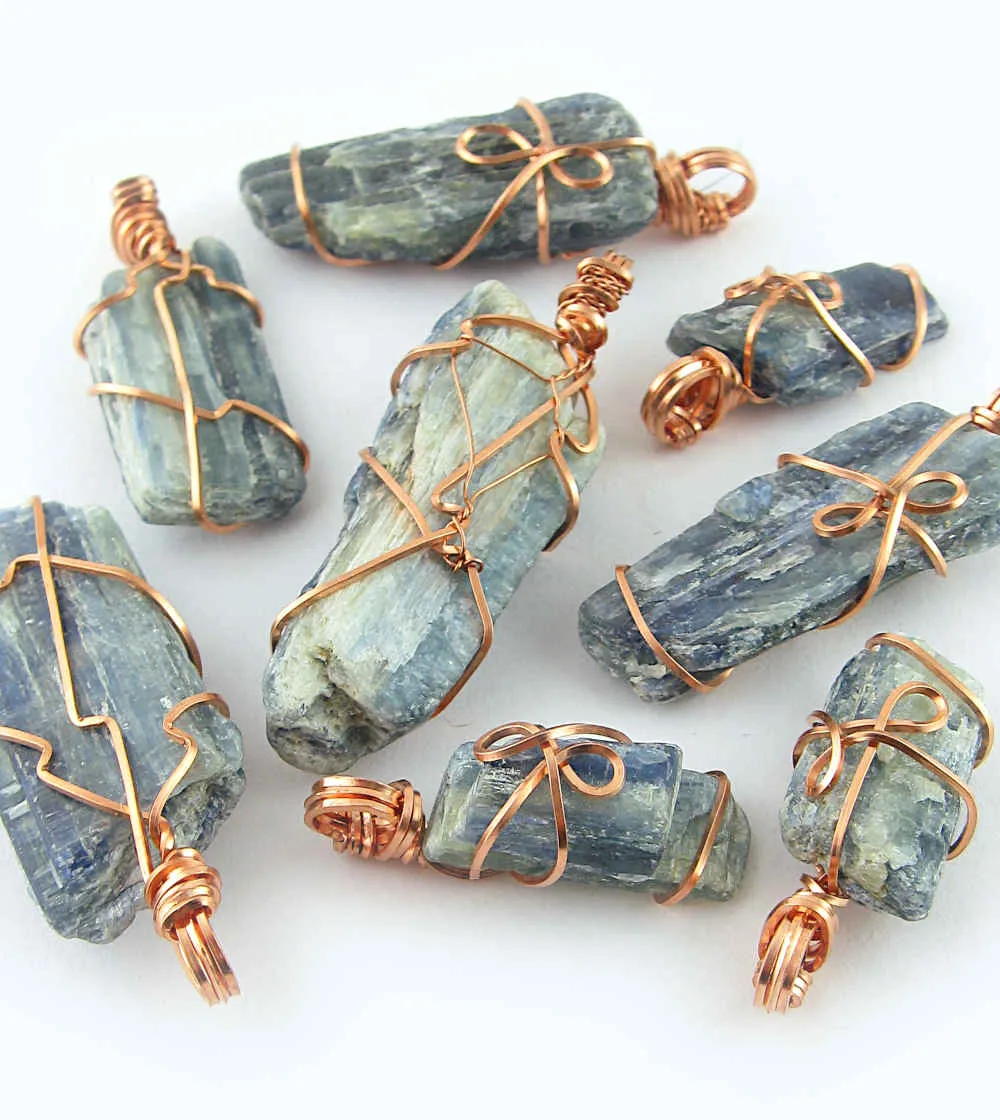 Raw Blue Kyanite Crystal Pendant Necklace, Copper Wire-Wrapped, Handmade, with 20 Chain