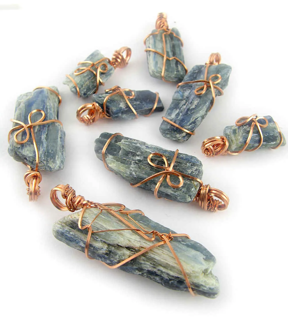 Raw Blue Kyanite Crystal Pendant Necklace, Copper Wire-Wrapped, Handmade, with 20 Chain