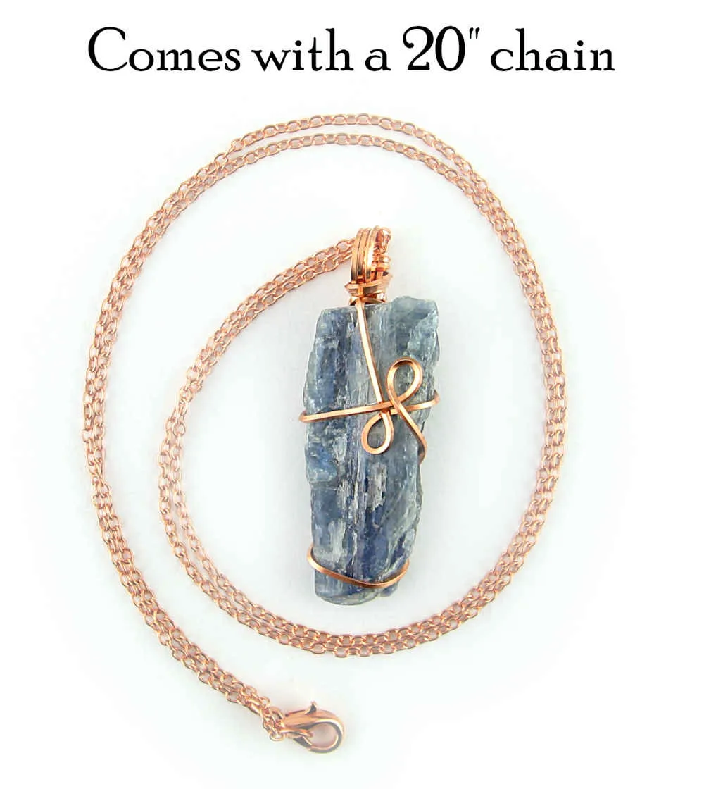 Raw Blue Kyanite Crystal Pendant Necklace, Copper Wire-Wrapped, Handmade, with 20 Chain