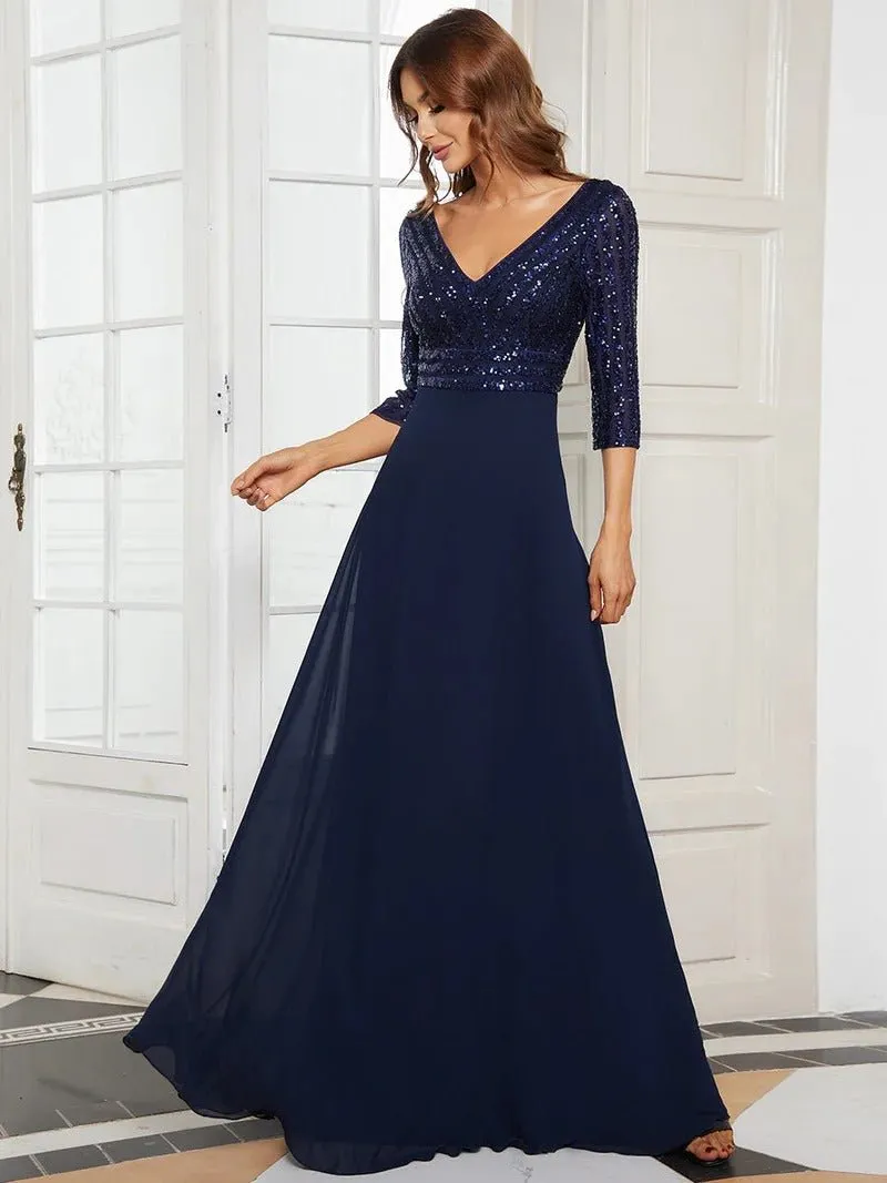 Sexy V Neck A-Line Sequin Bridesmaid Dresses With 3/4 Sleeve