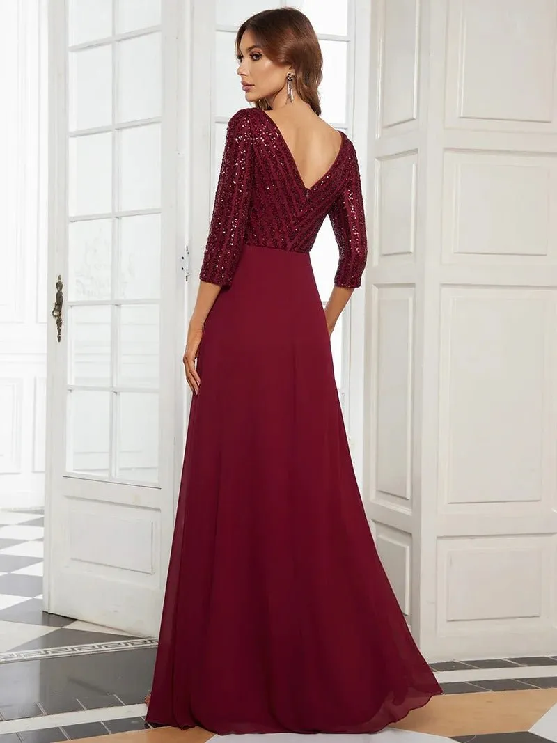 Sexy V Neck A-Line Sequin Bridesmaid Dresses With 3/4 Sleeve