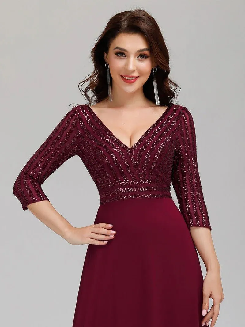 Sexy V Neck A-Line Sequin Bridesmaid Dresses With 3/4 Sleeve