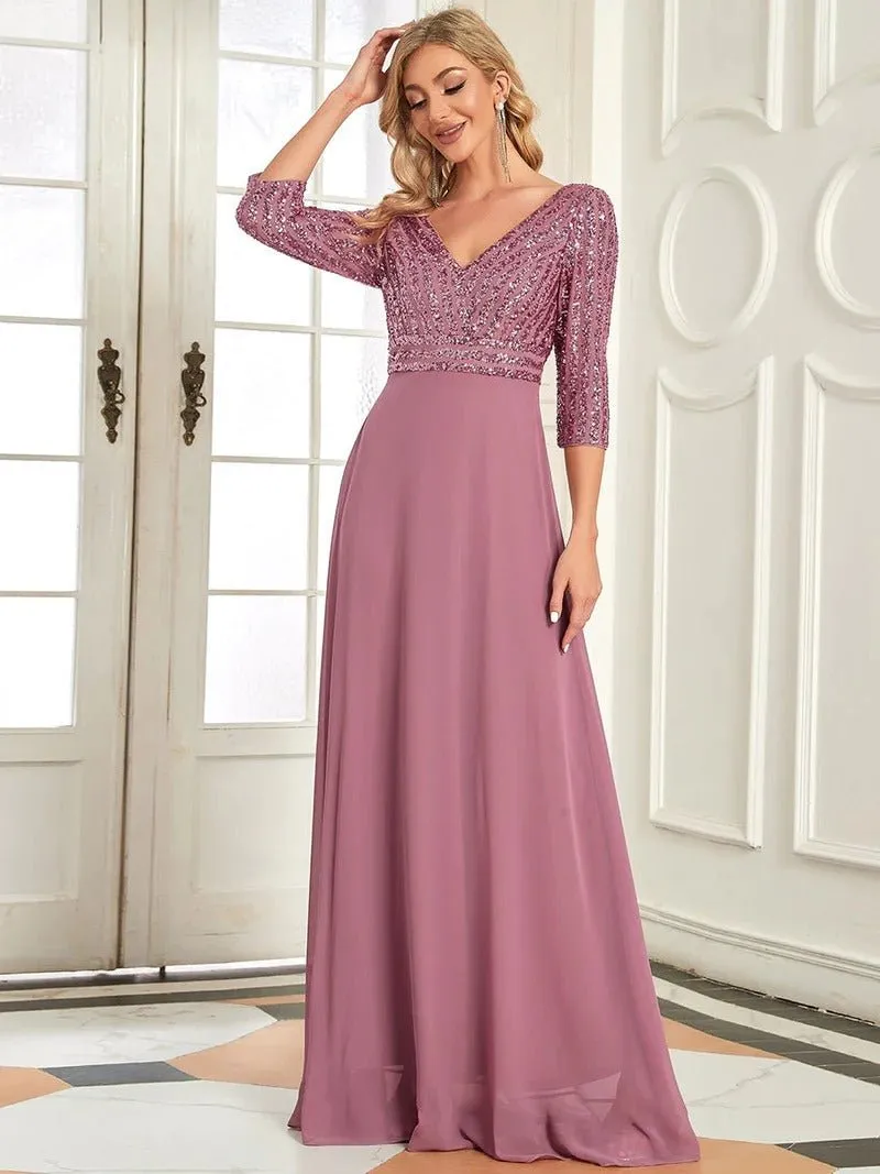 Sexy V Neck A-Line Sequin Bridesmaid Dresses With 3/4 Sleeve