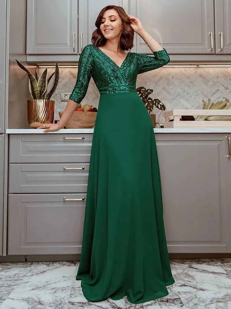 Sexy V Neck A-Line Sequin Bridesmaid Dresses With 3/4 Sleeve