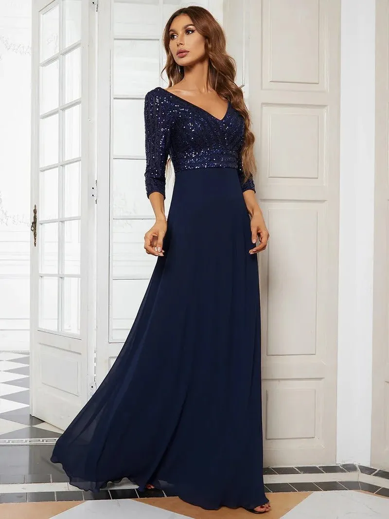 Sexy V Neck A-Line Sequin Bridesmaid Dresses With 3/4 Sleeve