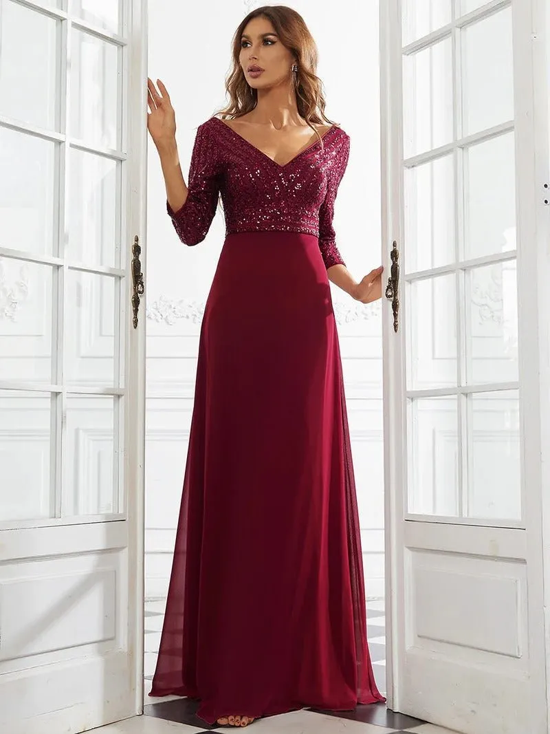 Sexy V Neck A-Line Sequin Bridesmaid Dresses With 3/4 Sleeve