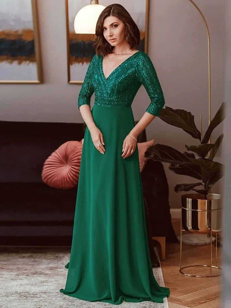 Sexy V Neck A-Line Sequin Bridesmaid Dresses With 3/4 Sleeve