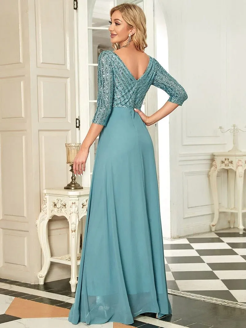 Sexy V Neck A-Line Sequin Bridesmaid Dresses With 3/4 Sleeve