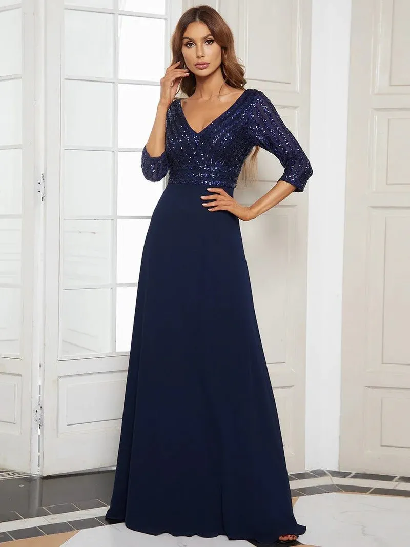 Sexy V Neck A-Line Sequin Bridesmaid Dresses With 3/4 Sleeve