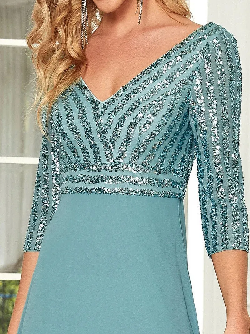 Sexy V Neck A-Line Sequin Bridesmaid Dresses With 3/4 Sleeve