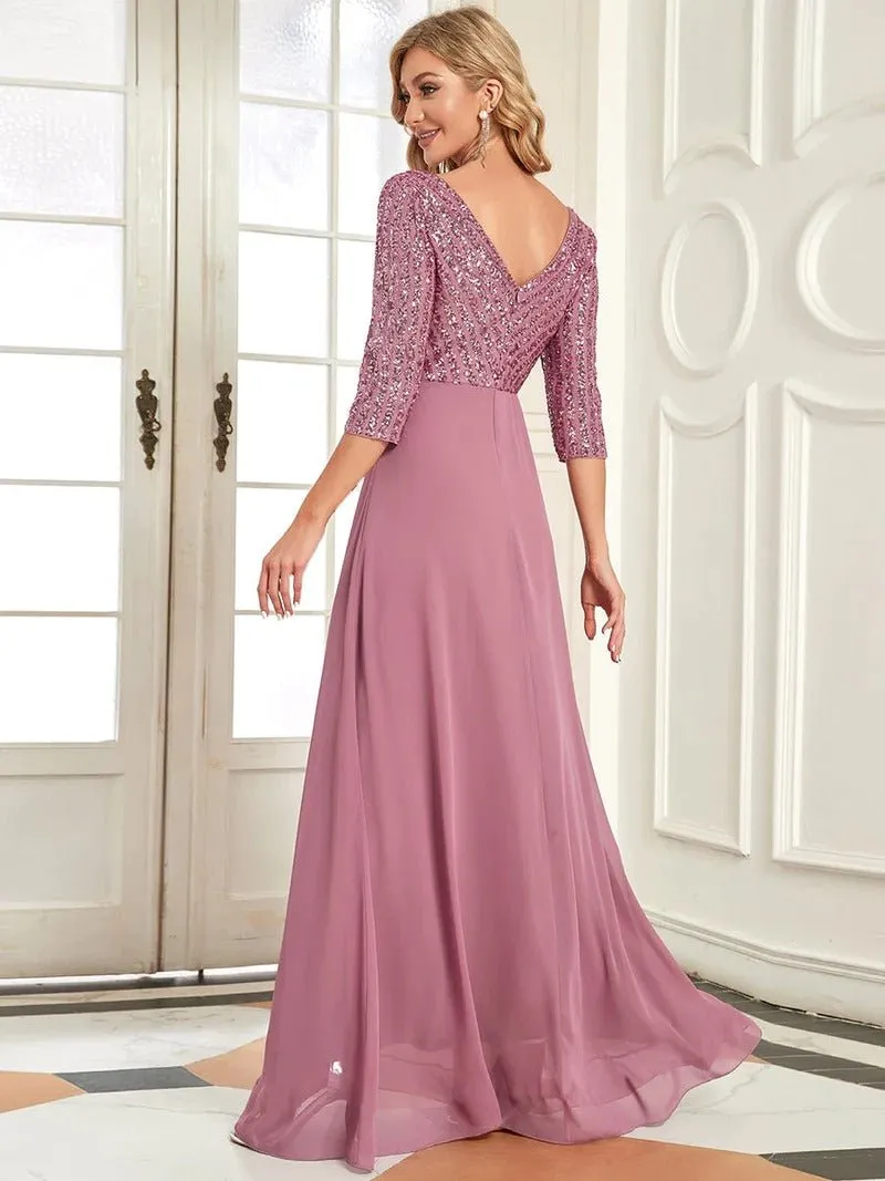 Sexy V Neck A-Line Sequin Bridesmaid Dresses With 3/4 Sleeve