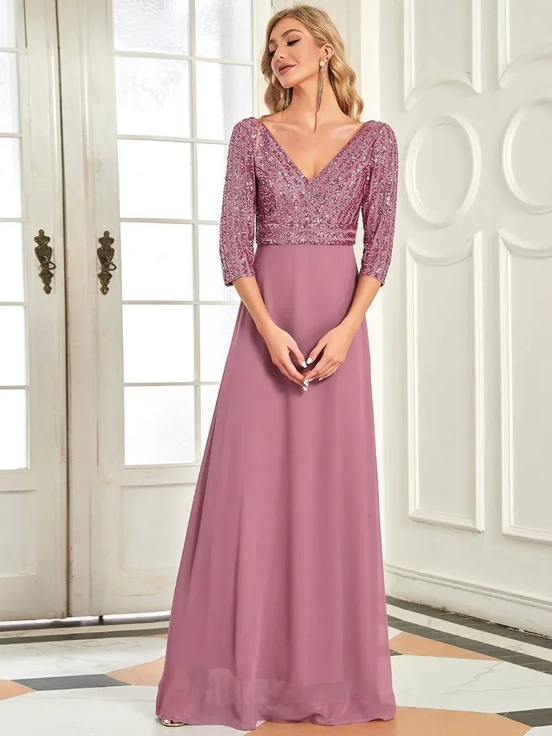 Sexy V Neck A-Line Sequin Bridesmaid Dresses With 3/4 Sleeve