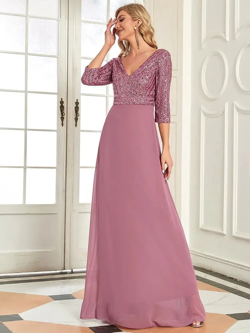 Sexy V Neck A-Line Sequin Bridesmaid Dresses With 3/4 Sleeve