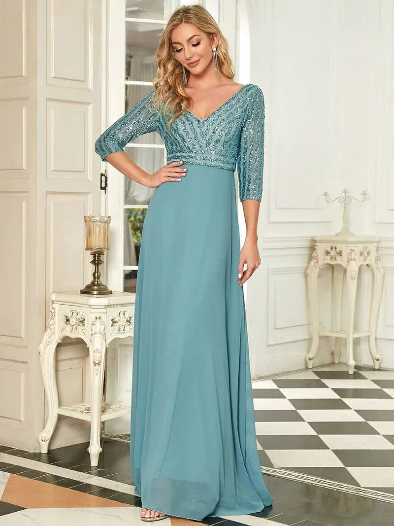 Sexy V Neck A-Line Sequin Bridesmaid Dresses With 3/4 Sleeve