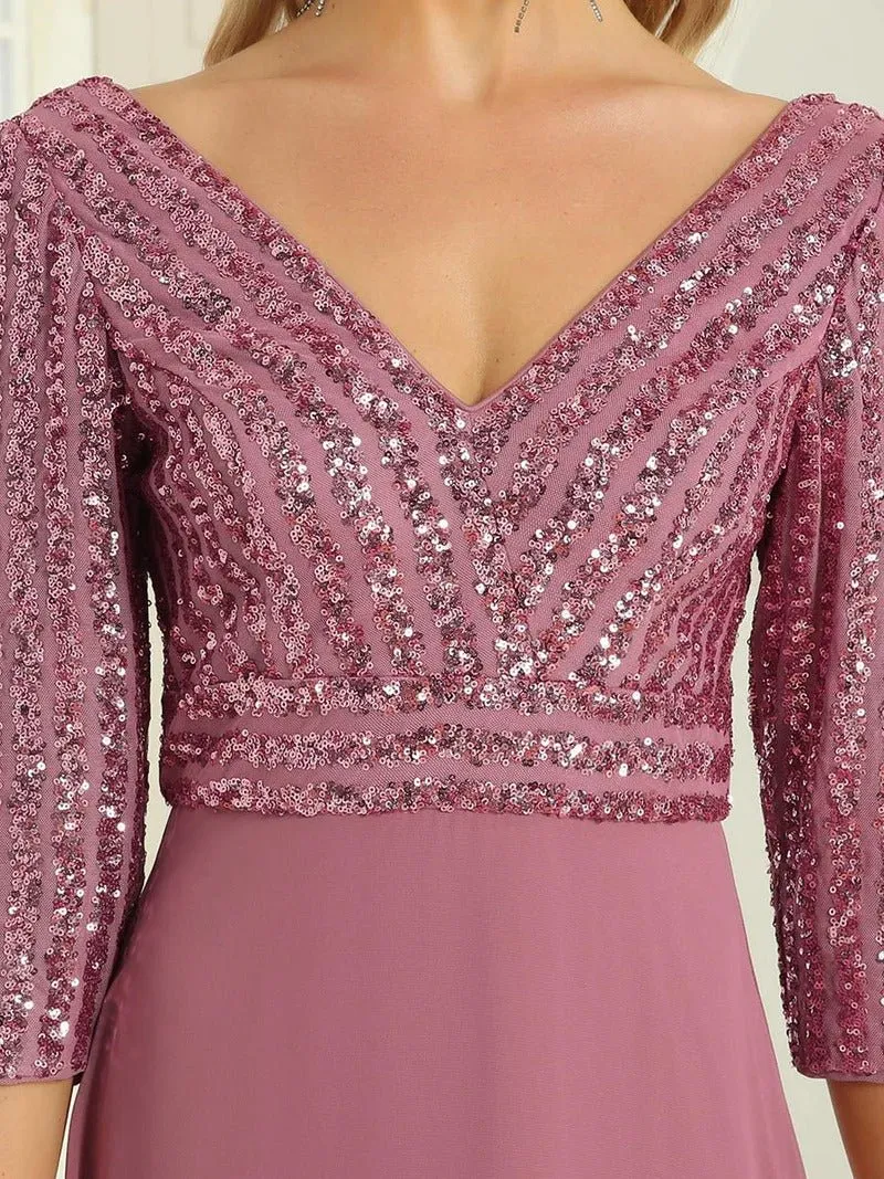 Sexy V Neck A-Line Sequin Bridesmaid Dresses With 3/4 Sleeve