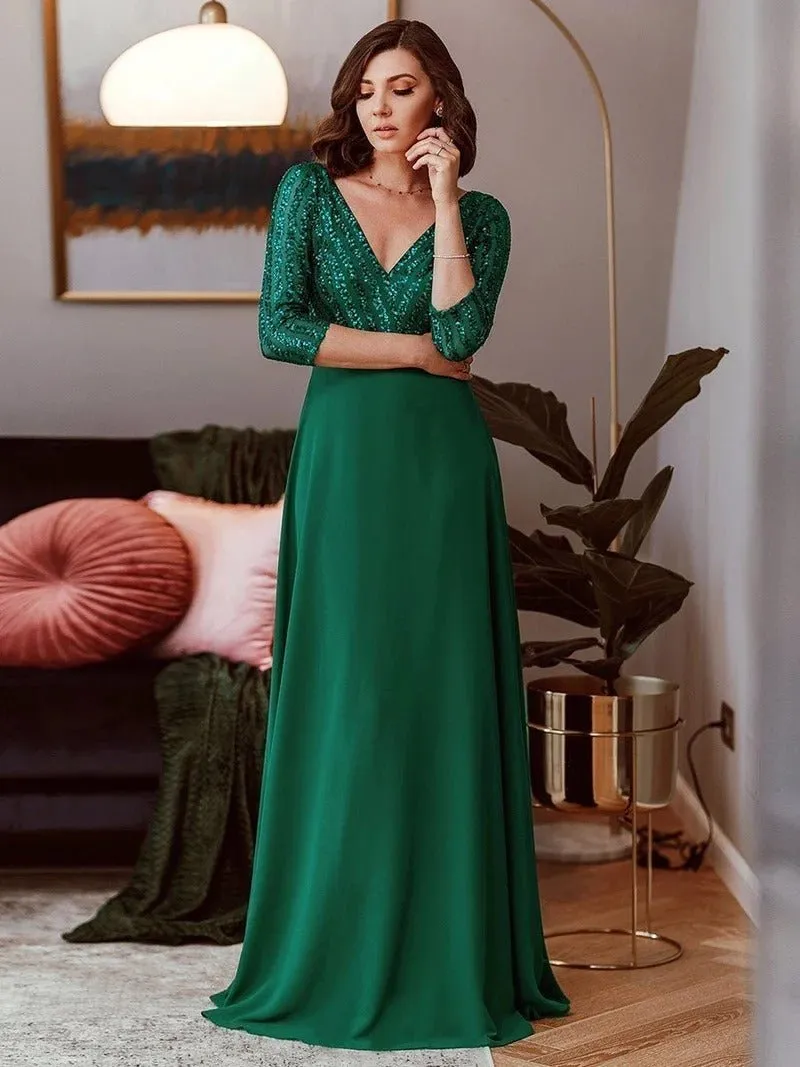 Sexy V Neck A-Line Sequin Bridesmaid Dresses With 3/4 Sleeve