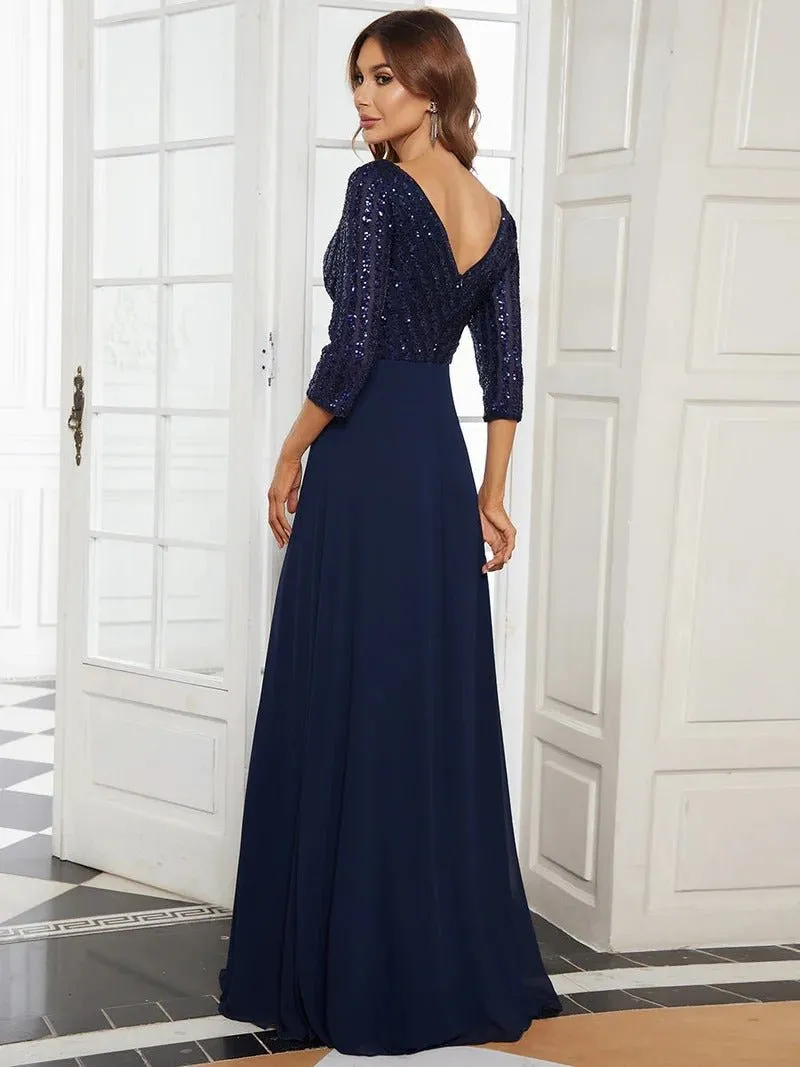 Sexy V Neck A-Line Sequin Bridesmaid Dresses With 3/4 Sleeve