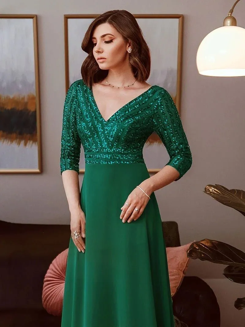 Sexy V Neck A-Line Sequin Bridesmaid Dresses With 3/4 Sleeve