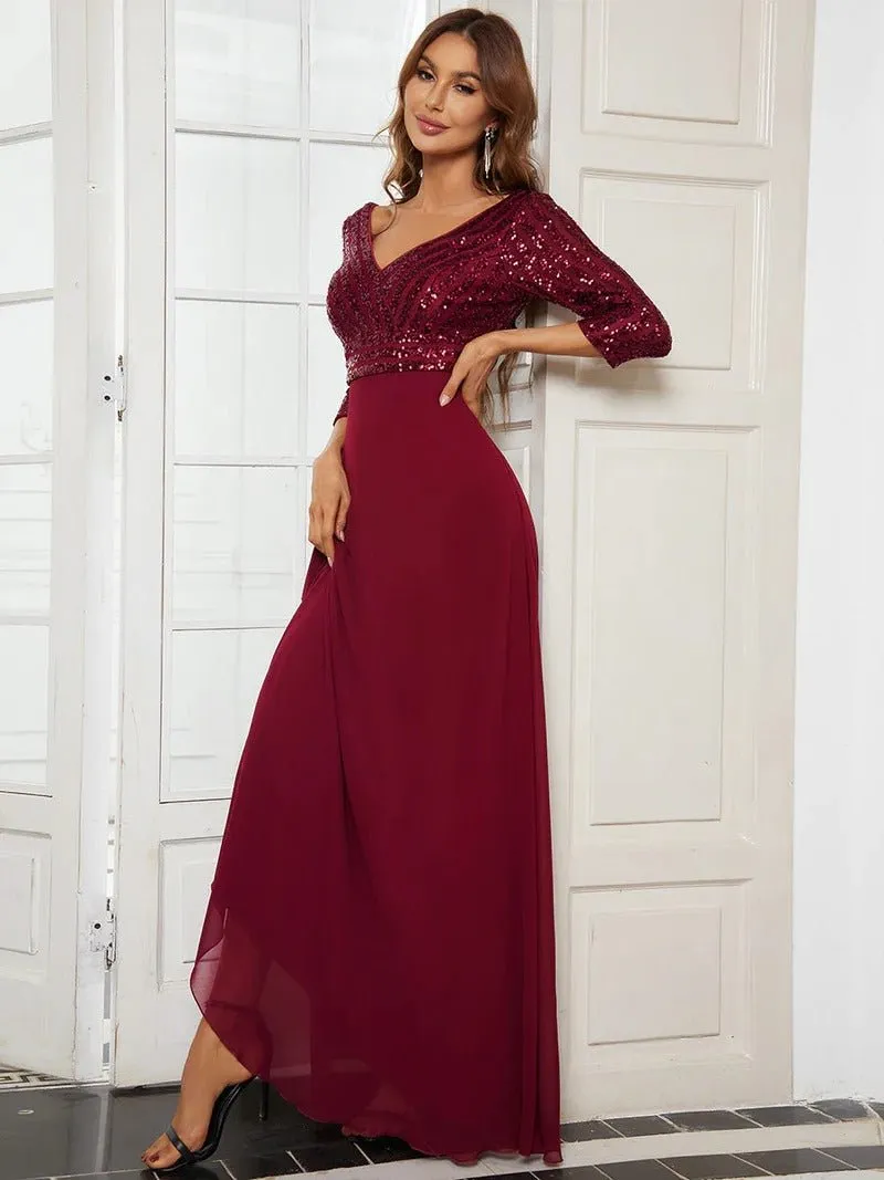 Sexy V Neck A-Line Sequin Bridesmaid Dresses With 3/4 Sleeve