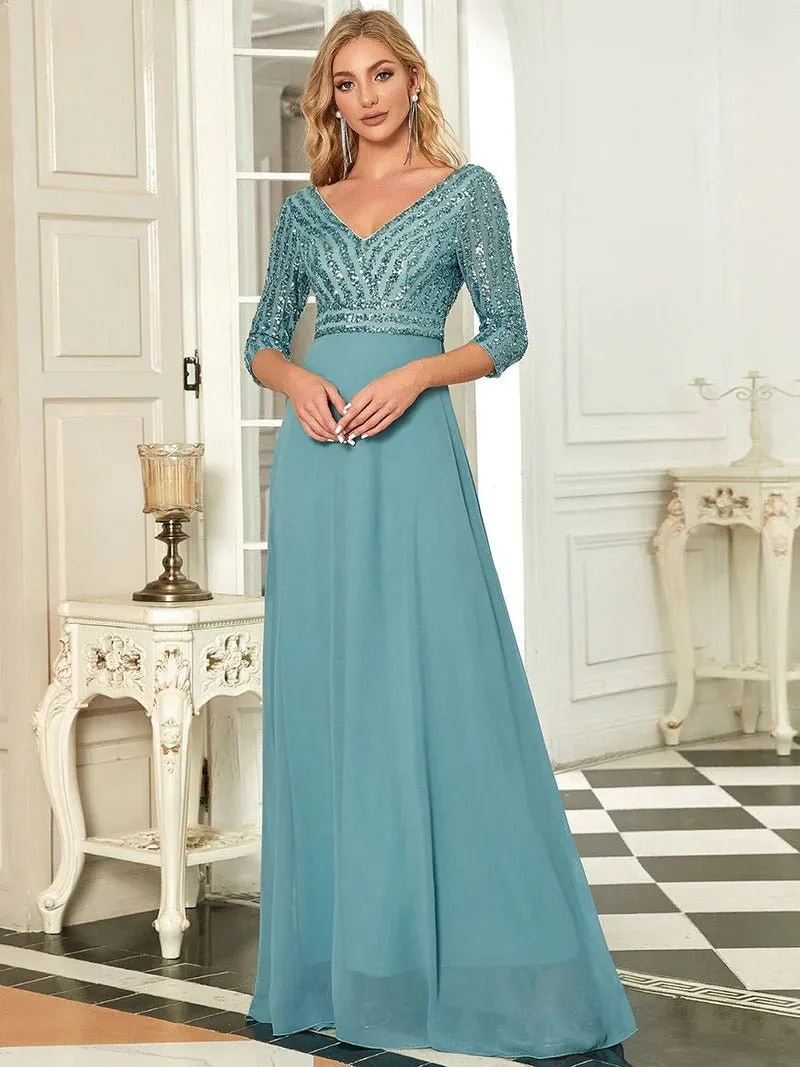 Sexy V Neck A-Line Sequin Bridesmaid Dresses With 3/4 Sleeve