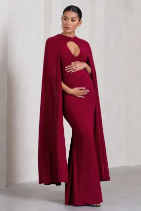 Standing Ovation | Berry Plunge-Neck Cape Maternity Maxi Dress