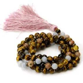 Tiger's Eye, Blue Lace Agate and Citrine 8mm Knotted Mala with Silk Tassel #91