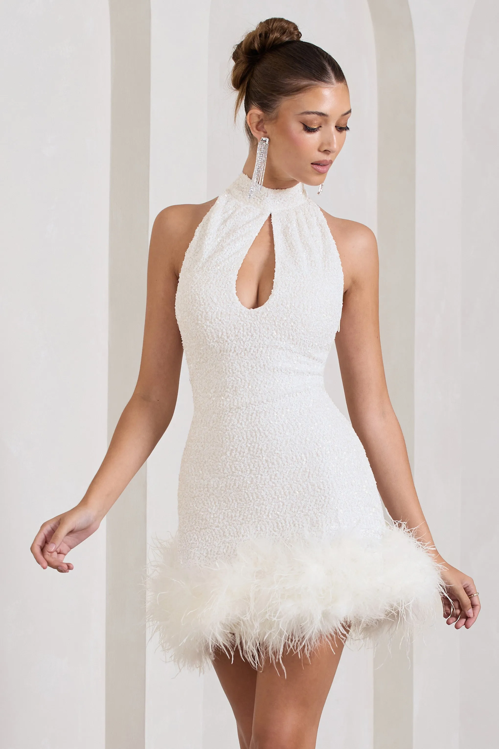 Tillie | White Sequin High Neck Trapeze Mini Dress With Feather Hem Detail