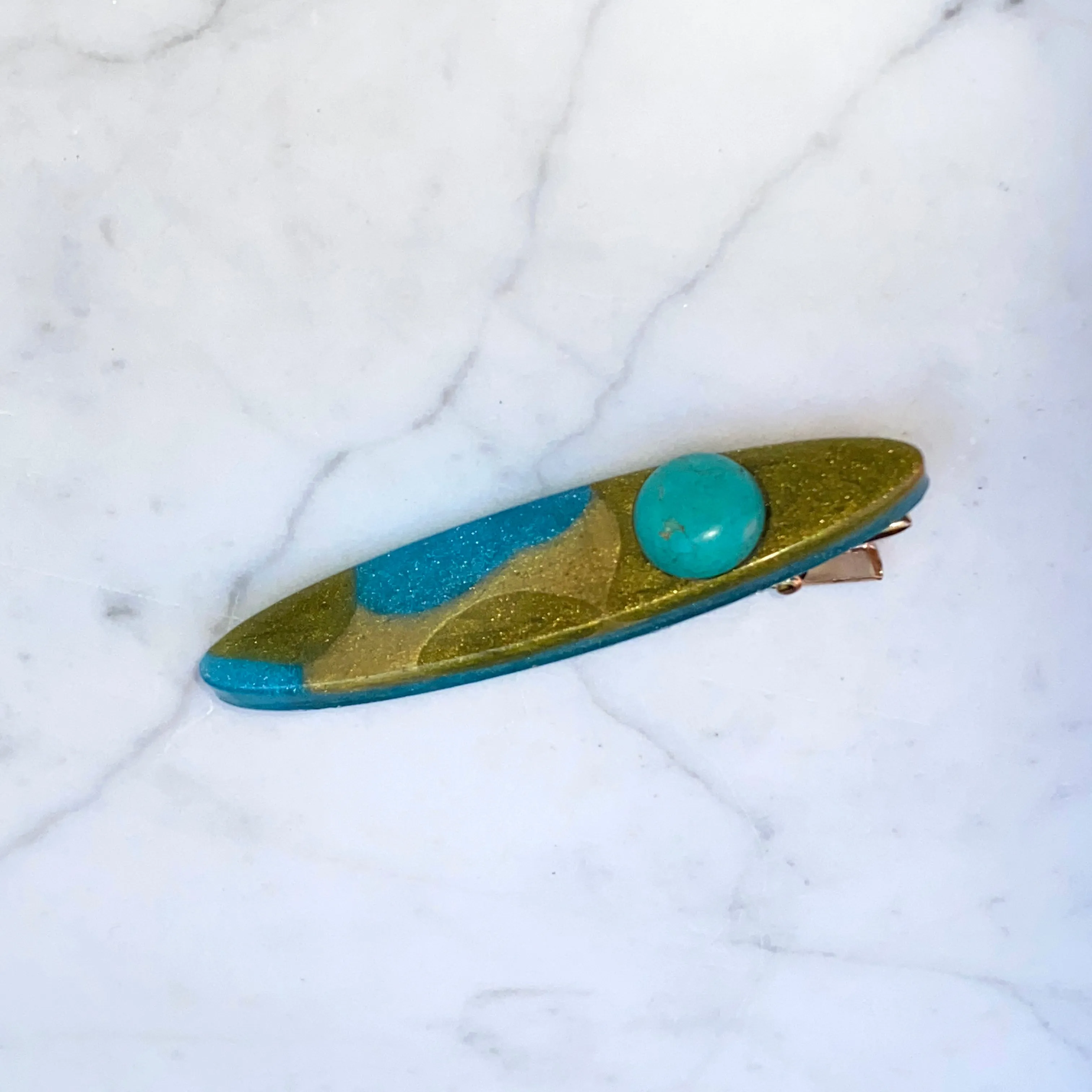 Turquoise gemstone and poured resin Hair Clip