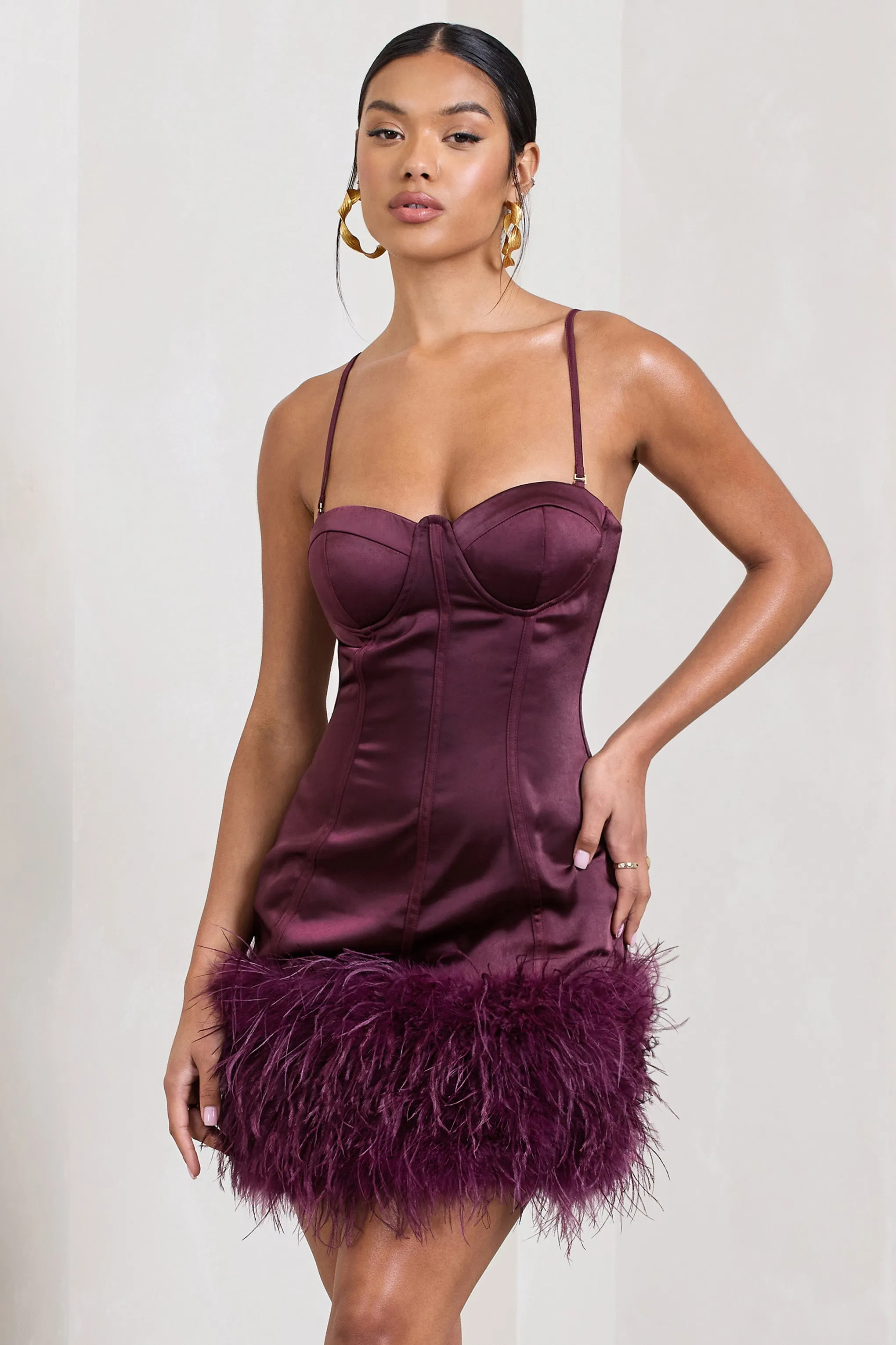 Vampira | Burgundy Satin Corset Feather Mini Dress