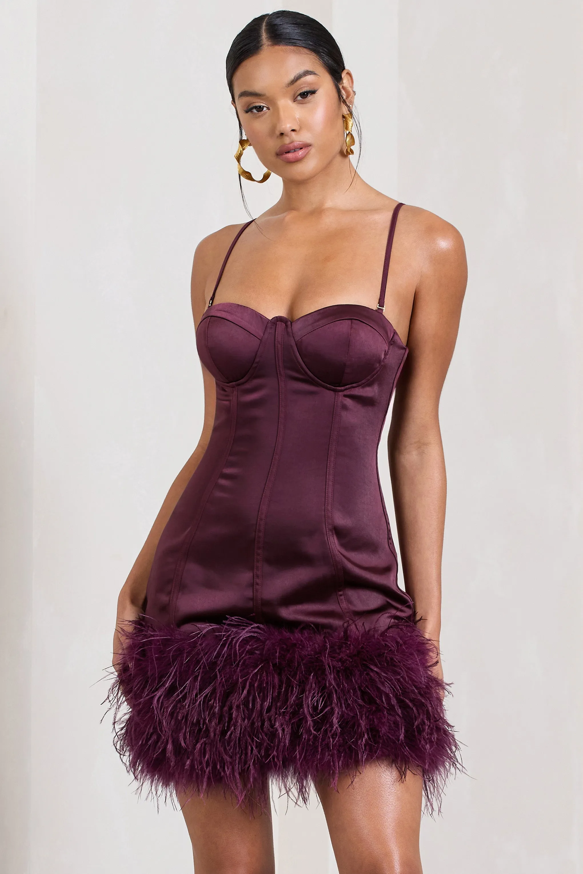 Vampira | Burgundy Satin Corset Feather Mini Dress