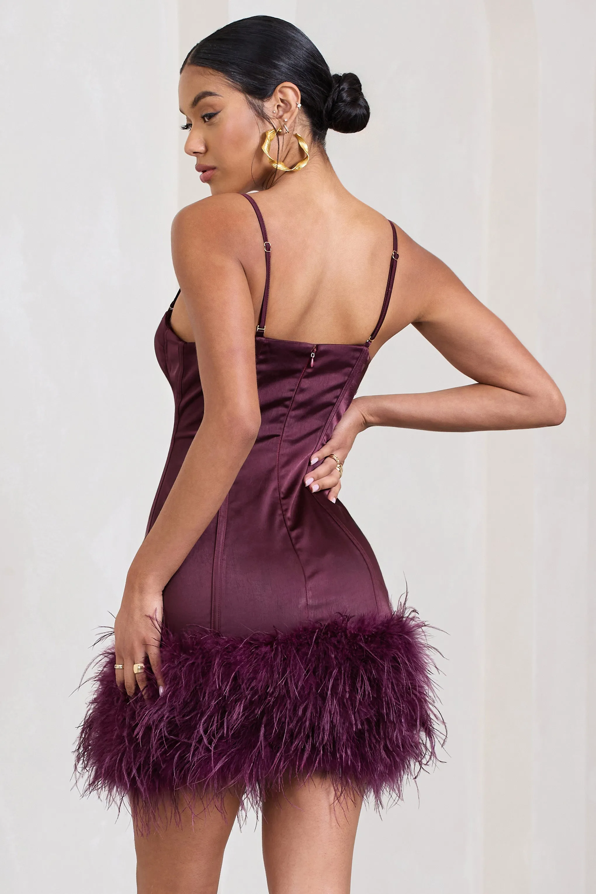 Vampira | Burgundy Satin Corset Feather Mini Dress