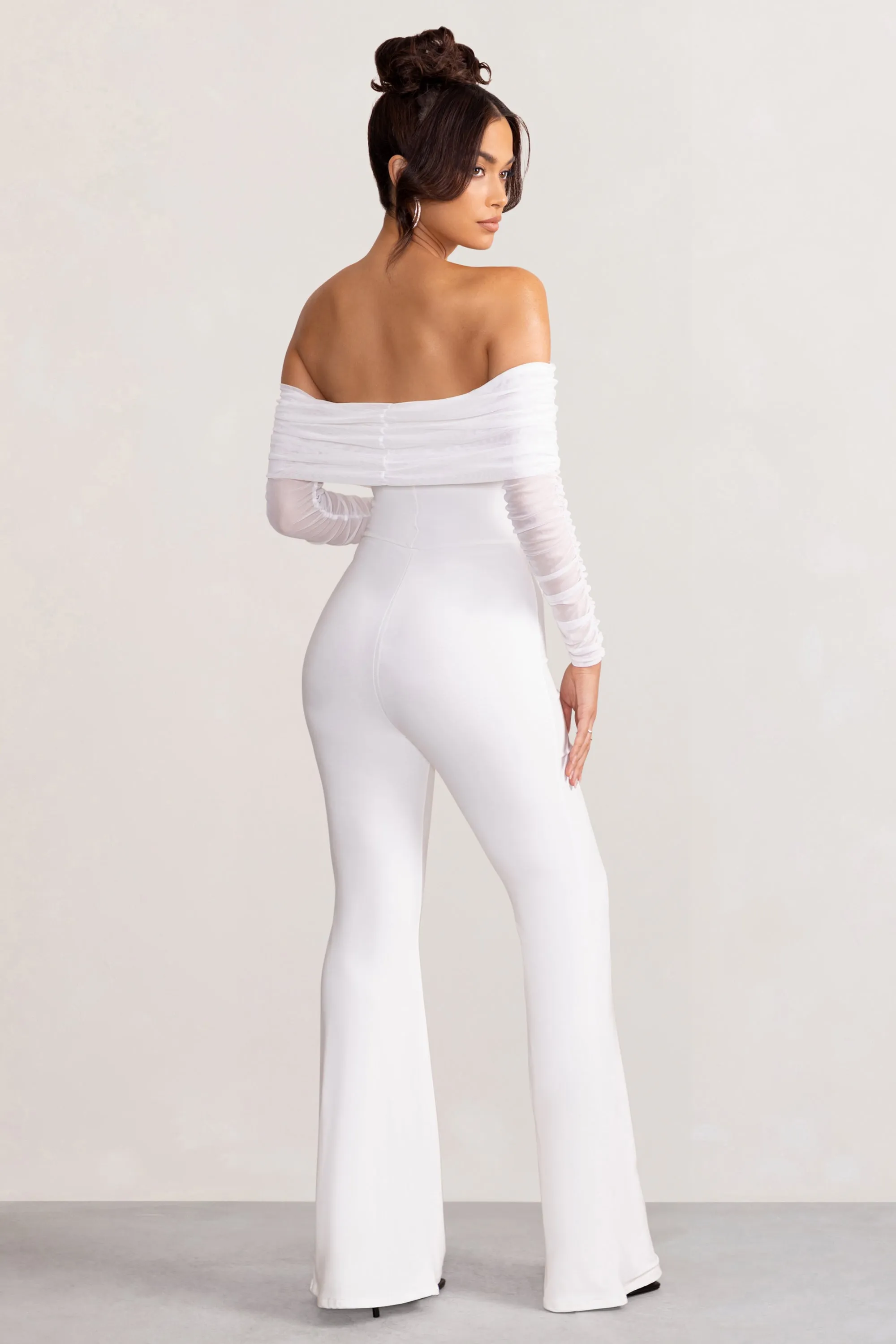 Whisper | White Ruched Mesh Bardot Jumpsuit