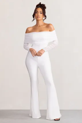 Whisper | White Ruched Mesh Bardot Jumpsuit